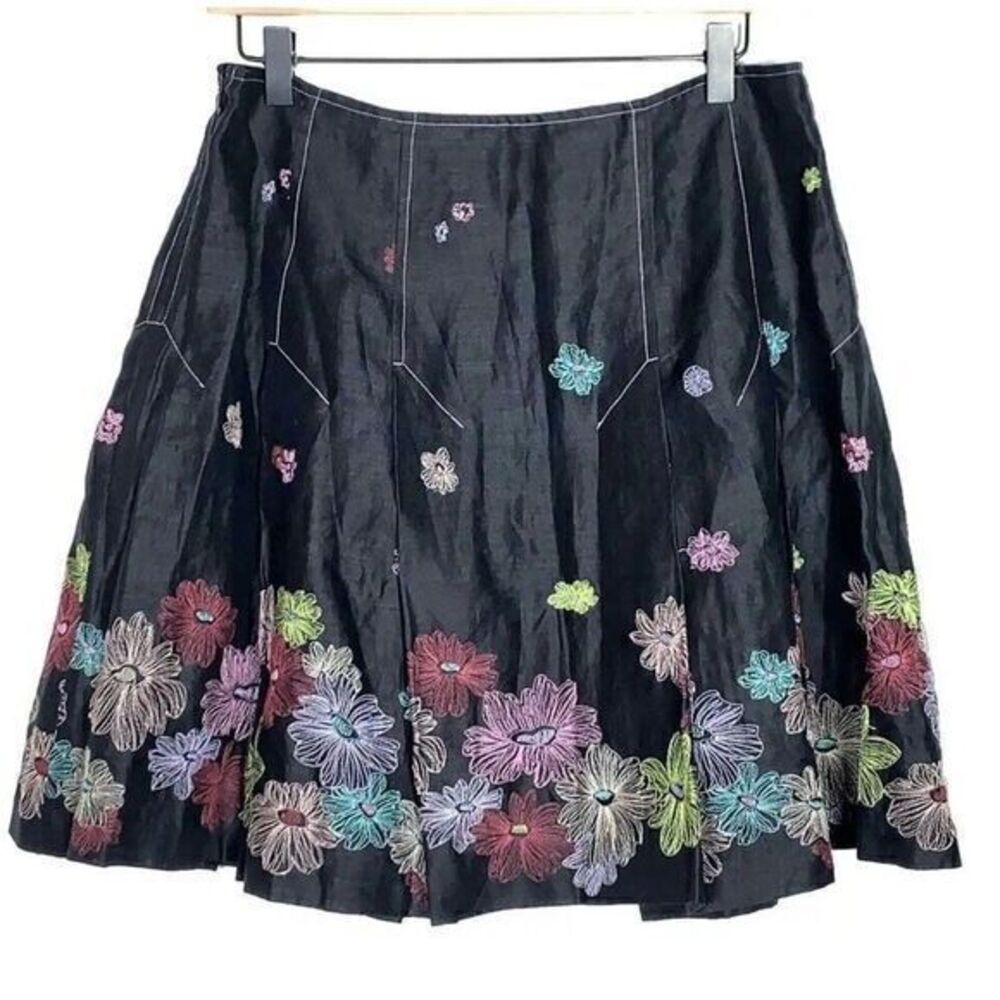 Silkland Linen Embroidered Skirt Womens Sz 4‎ Charcoal Gray Floral Fairy Grunge